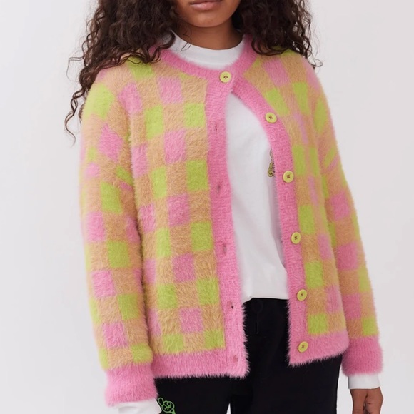 Lazy Oaf Sweaters - Lazy Oaf Fluffed Up Cardigan Sweater Neon Checkerboard Sz S